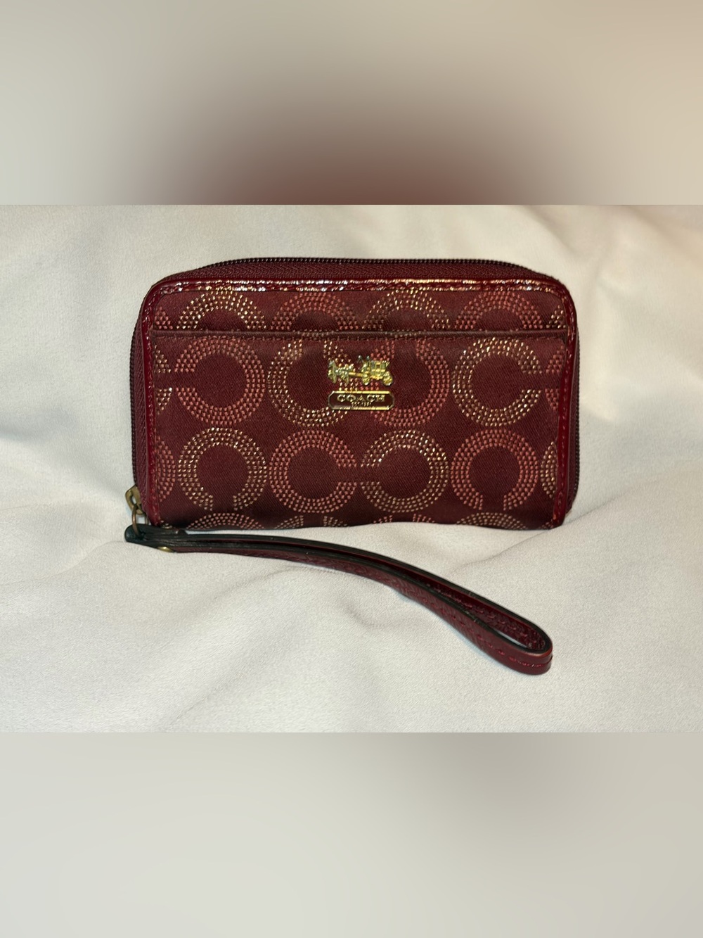 Coach Signature C Burgundy Metallic Jacquard Zip Wristlet Wallet